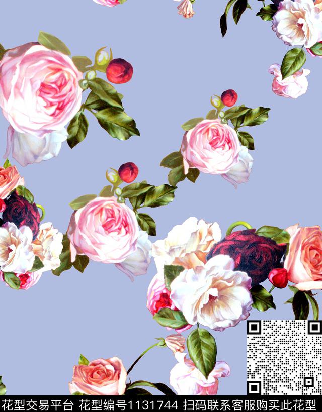 手绘玫瑰牡丹彩底花卉数码印花华亿平台下载（图片编号: 1131744） - 瓦栏（Walan）
