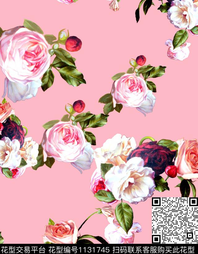 手绘玫瑰牡丹彩底花卉数码印花华亿平台下载（图片编号: 1131745） - 瓦栏（Walan）