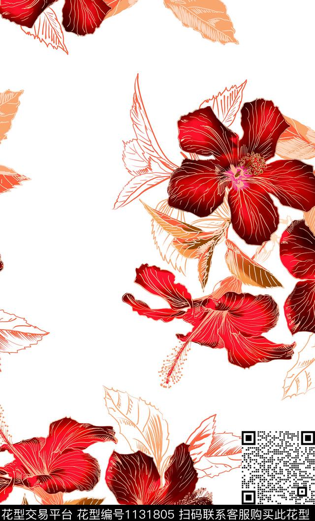 手绘花卉大牌风女装数码印花华亿平台下载（图片编号: 1131805） - 瓦栏（Walan）