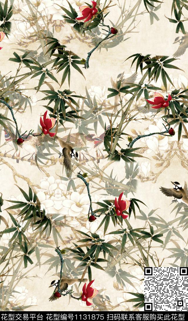 花鸟旗袍竹子数码印花华亿平台下载（图片编号: 1131875） - 瓦栏（Walan）