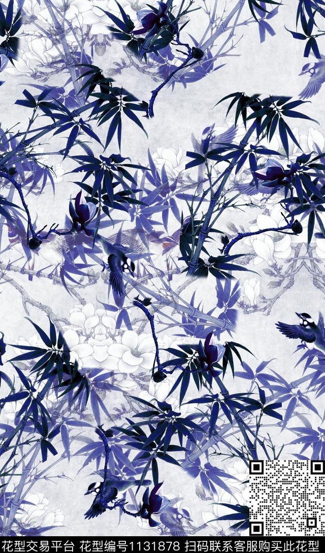 花鸟旗袍竹子数码印花华亿平台下载（图片编号: 1131878） - 瓦栏（Walan）