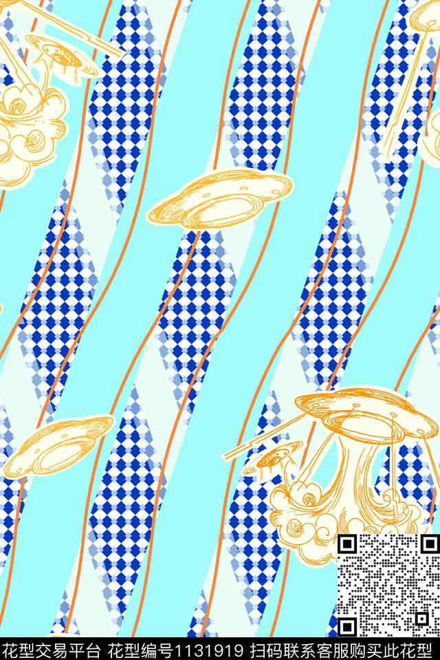 条格飞船蓝色数码印花华亿平台下载（图片编号: 1131919） - 瓦栏（Walan）