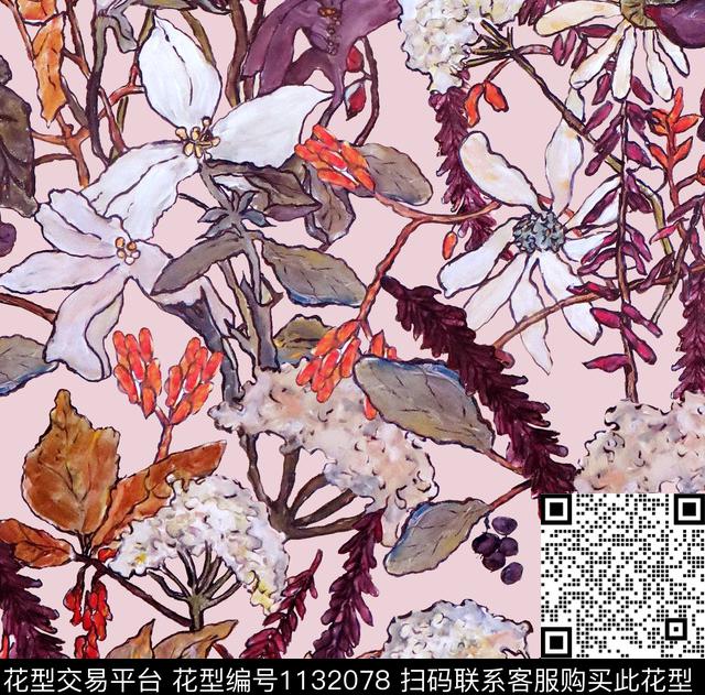 手绘花卉彩底花卉粉红数码印花华亿平台下载（图片编号: 1132078） - 瓦栏（Walan）