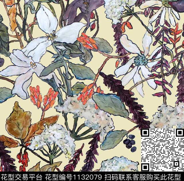 手绘花卉彩底花卉粉红数码印花华亿平台下载（图片编号: 1132079） - 瓦栏（Walan）