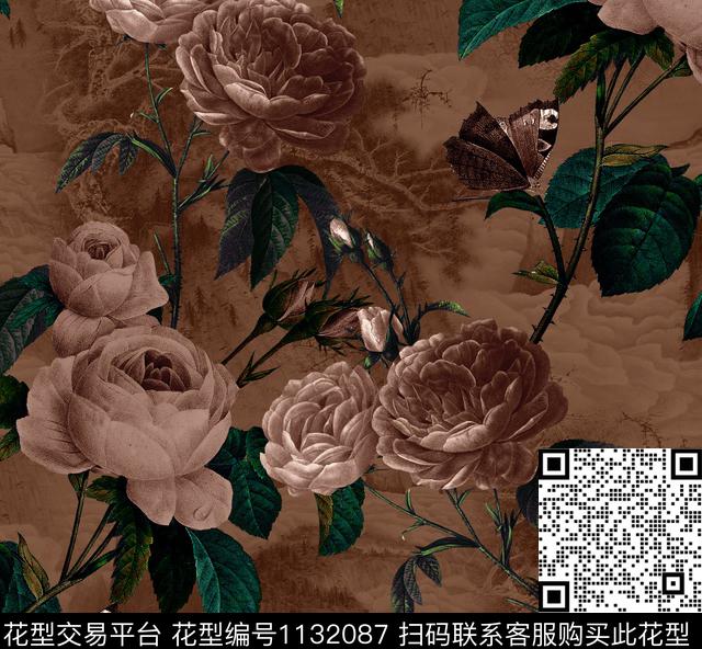 香云纱玫瑰花旗袍数码印花华亿平台下载（图片编号: 1132087） - 瓦栏（Walan）