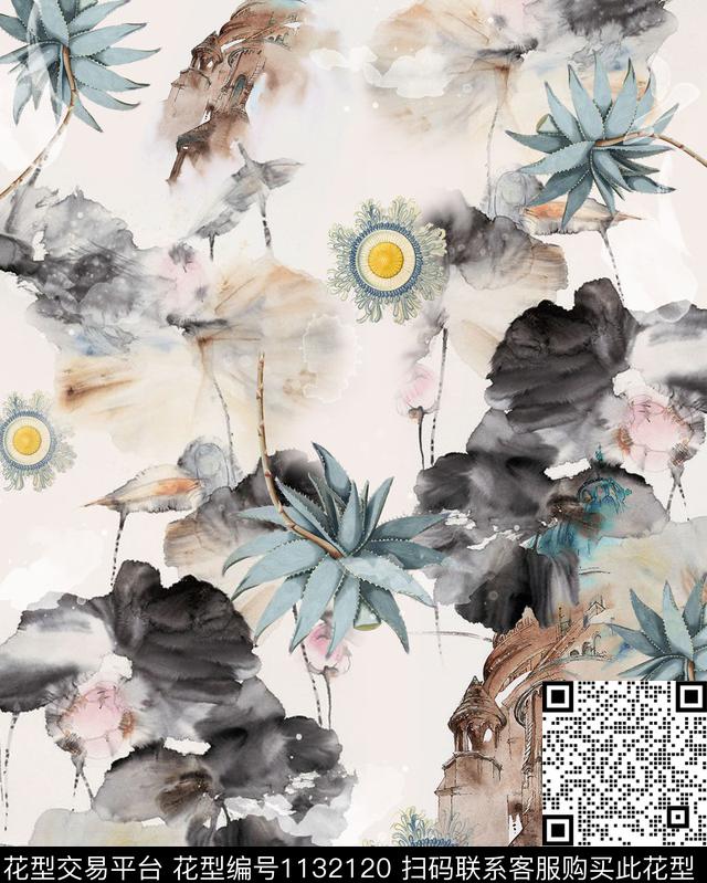 清爽底花卉抽象花卉数码印花华亿平台下载（图片编号: 1132120） - 瓦栏（Walan）