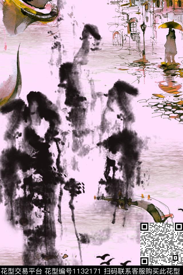 水墨风数码华亿平台风景景观数码印花华亿平台下载（图片编号: 1132171） - 瓦栏（Walan）