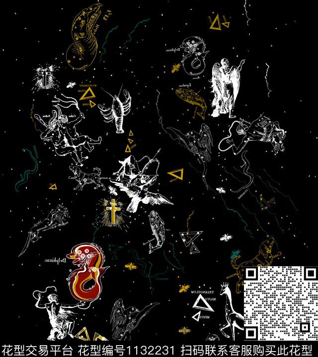 星空星座黑白华亿平台传统印花华亿平台下载（图片编号: 1132231） - 瓦栏（Walan）
