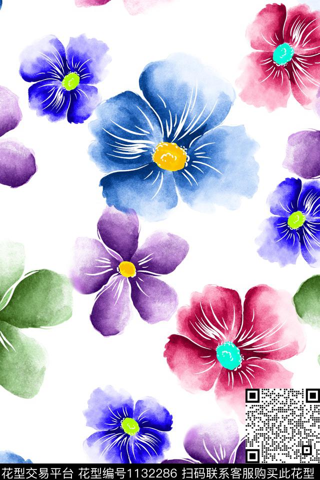 笔触水彩花卉小清新数码印花华亿平台下载（图片编号: 1132286） - 瓦栏（Walan）