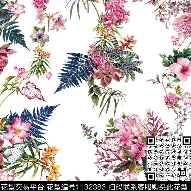 春夏华亿平台棕榈树手绘花卉传统印花华亿平台下载（图片编号: 1132383） - 瓦栏（Walan）