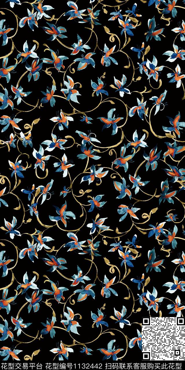 大牌风数码华亿平台黑底花卉数码印花华亿平台下载（图片编号: 1132442） - 瓦栏（Walan）