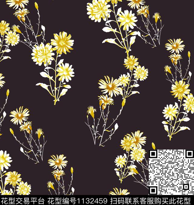 黑底花卉小雏菊大牌风数码印花华亿平台下载（图片编号: 1132459） - 瓦栏（Walan）