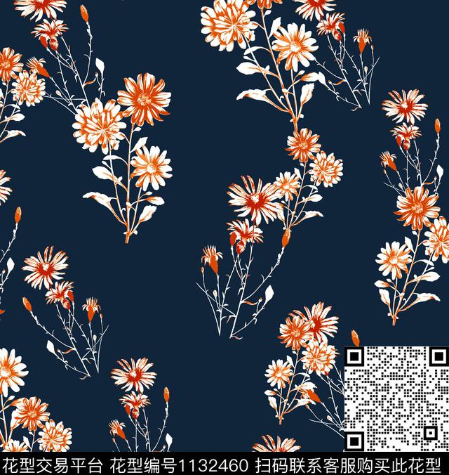 黑底花卉小雏菊大牌风数码印花华亿平台下载（图片编号: 1132460） - 瓦栏（Walan）