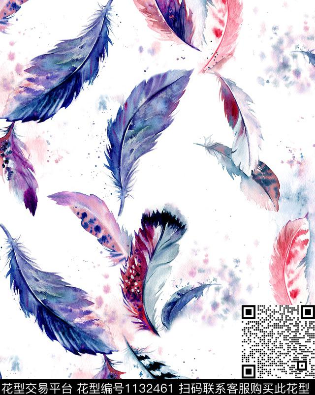羽毛手绘手绘羽毛数码印花华亿平台下载（图片编号: 1132461） - 瓦栏（Walan）