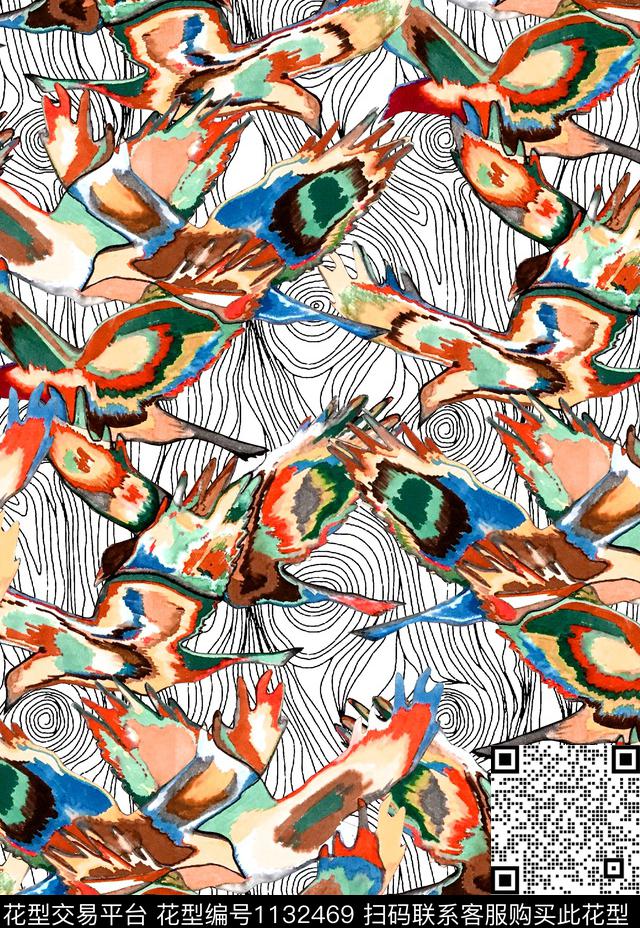 肌理抽象鸟数码印花华亿平台下载（图片编号: 1132469） - 瓦栏（Walan）