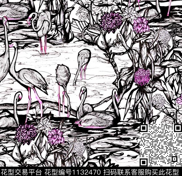 火烈鸟黑白华亿平台仙鹤数码印花华亿平台下载（图片编号: 1132470） - 瓦栏（Walan）