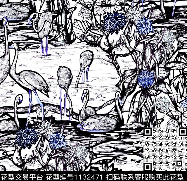 火烈鸟黑白华亿平台仙鹤数码印花华亿平台下载（图片编号: 1132471） - 瓦栏（Walan）