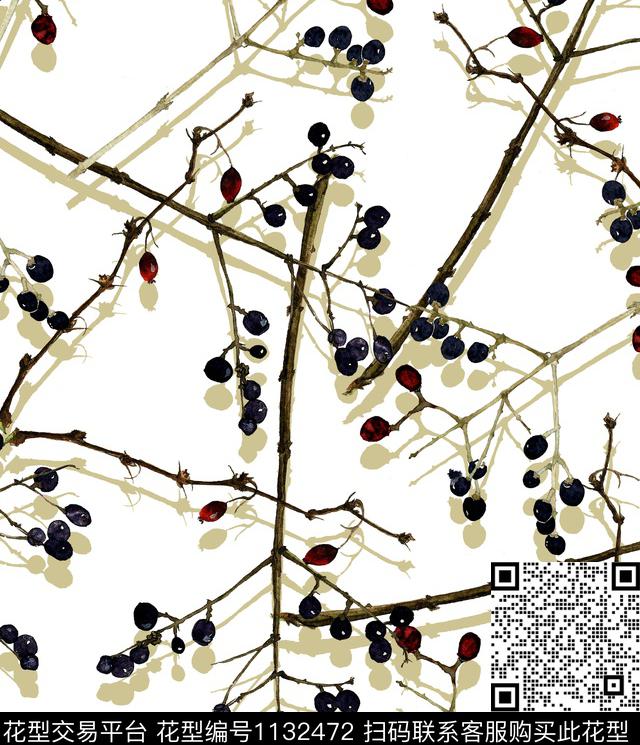 树枝水果清爽底花卉数码印花华亿平台下载（图片编号: 1132472） - 瓦栏（Walan）