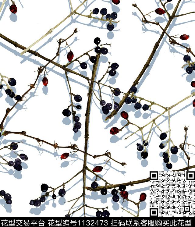 树枝水果清爽底花卉数码印花华亿平台下载（图片编号: 1132473） - 瓦栏（Walan）
