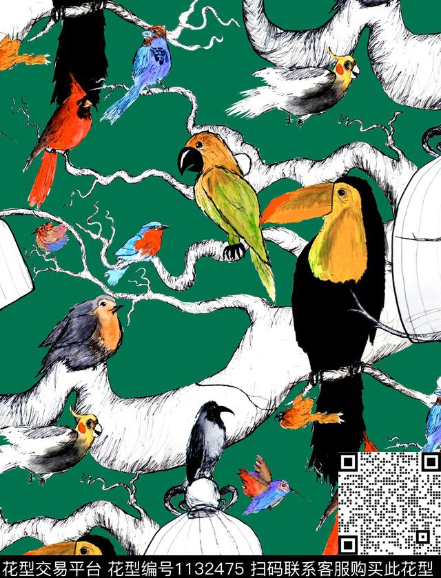 树枝鹦鹉大嘴鸟数码印花华亿平台下载（图片编号: 1132475） - 瓦栏（Walan）