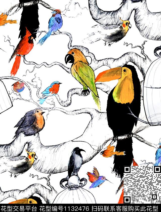 树枝鹦鹉大嘴鸟数码印花华亿平台下载（图片编号: 1132476） - 瓦栏（Walan）