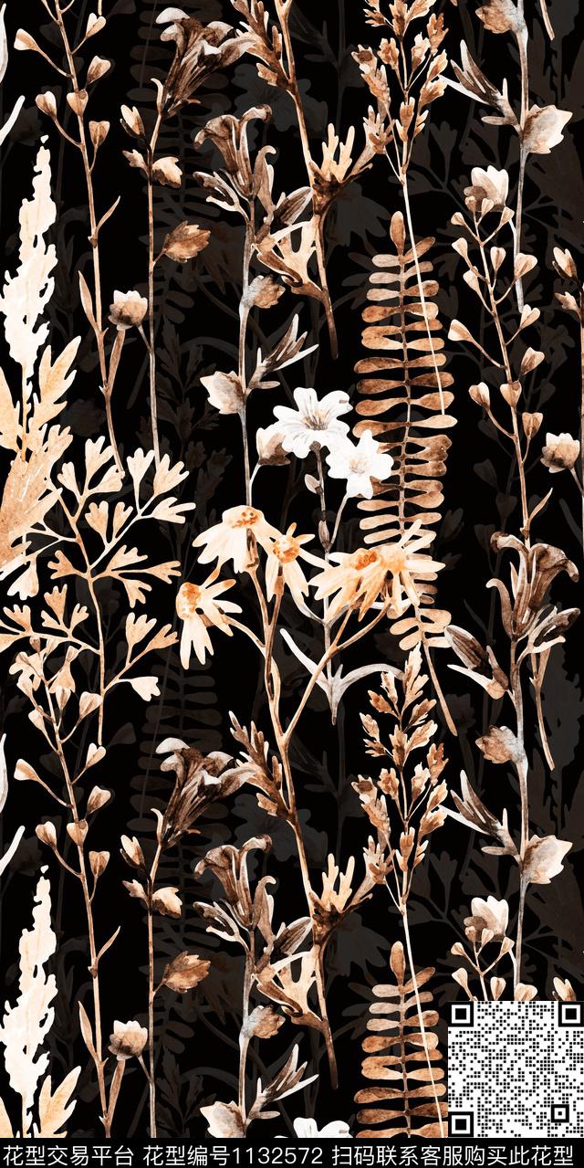 大牌风数码华亿平台黑底花卉数码印花华亿平台下载（图片编号: 1132572） - 瓦栏（Walan）