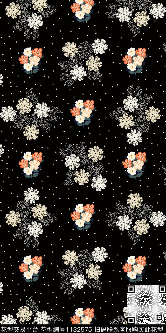 大牌风数码华亿平台黑底花卉数码印花华亿平台下载（图片编号: 1132575） - 瓦栏（Walan）
