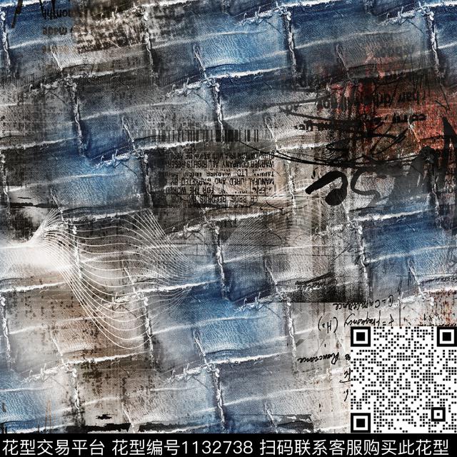 大牌风牛仔抽象数码印花华亿平台下载（图片编号: 1132738） - 瓦栏（Walan）