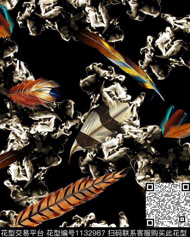羽毛抽象潮牌数码印花华亿平台下载（图片编号: 1132987） - 瓦栏（Walan）