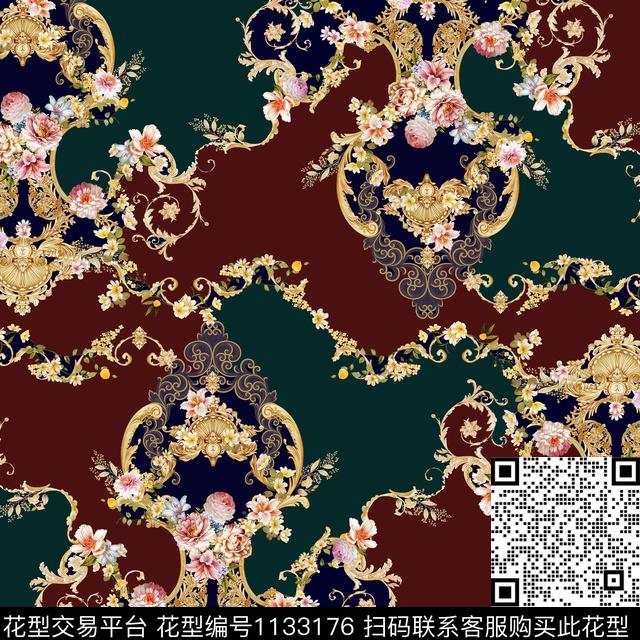 手绘花卉混合拼接宫廷风数码印花华亿平台下载（图片编号: 1133176） - 瓦栏（Walan）
