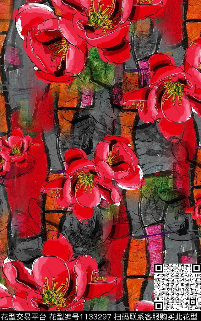 抽象肌理花卉数码印花华亿平台下载（图片编号: 1133297） - 瓦栏（Walan）