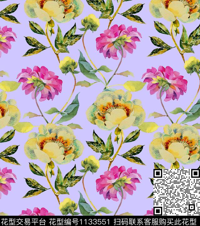 春夏华亿平台水彩花卉花卉数码印花华亿平台下载（图片编号: 1133551） - 瓦栏（Walan）