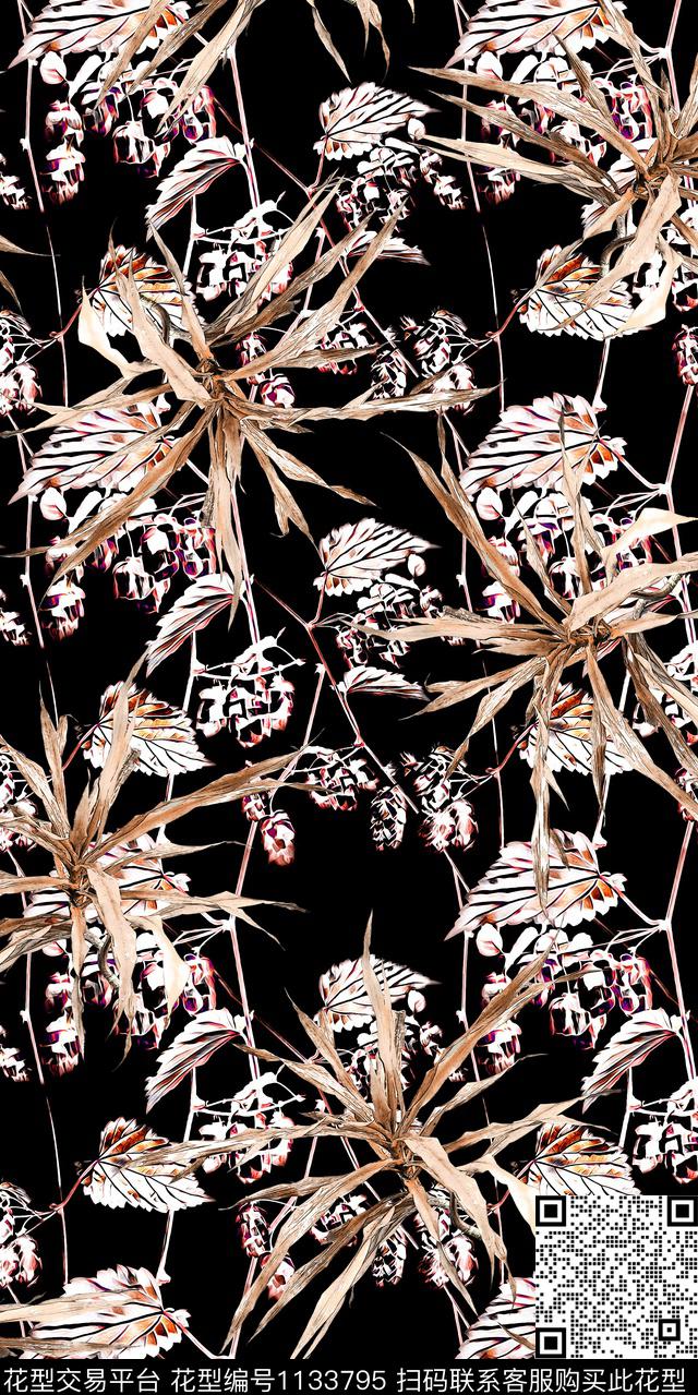 大牌风数码华亿平台黑底花卉数码印花华亿平台下载（图片编号: 1133795） - 瓦栏（Walan）