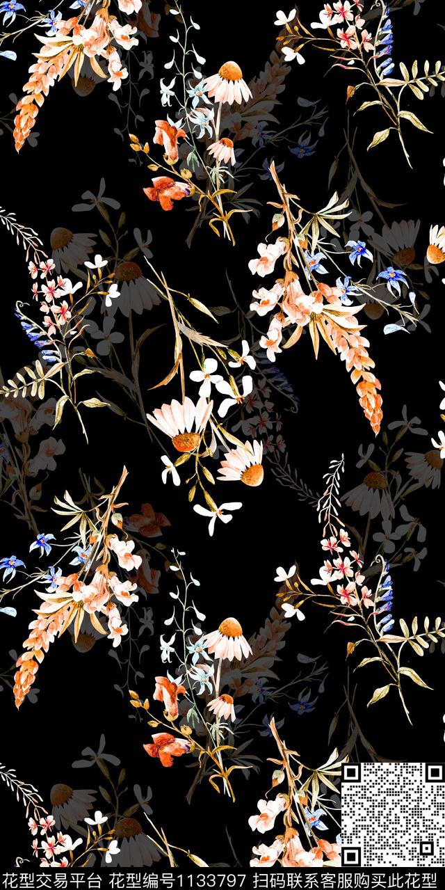 大牌风数码华亿平台黑底花卉数码印花华亿平台下载（图片编号: 1133797） - 瓦栏（Walan）