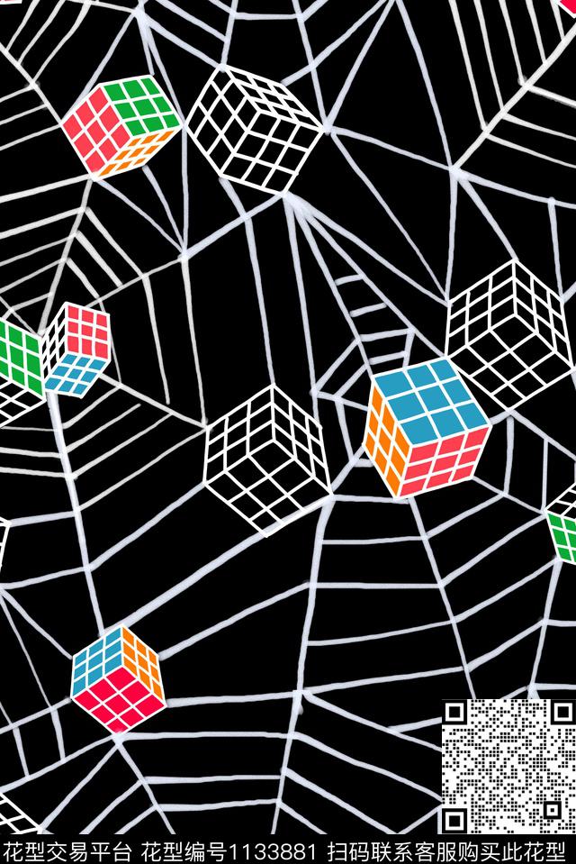 魔方手绘几何数码印花华亿平台下载（图片编号: 1133881） - 瓦栏（Walan）