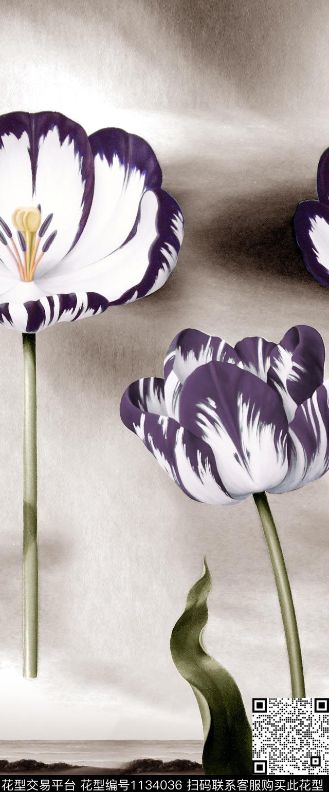 郁金香大花定位花数码印花华亿平台下载（图片编号: 1134036） - 瓦栏（Walan）
