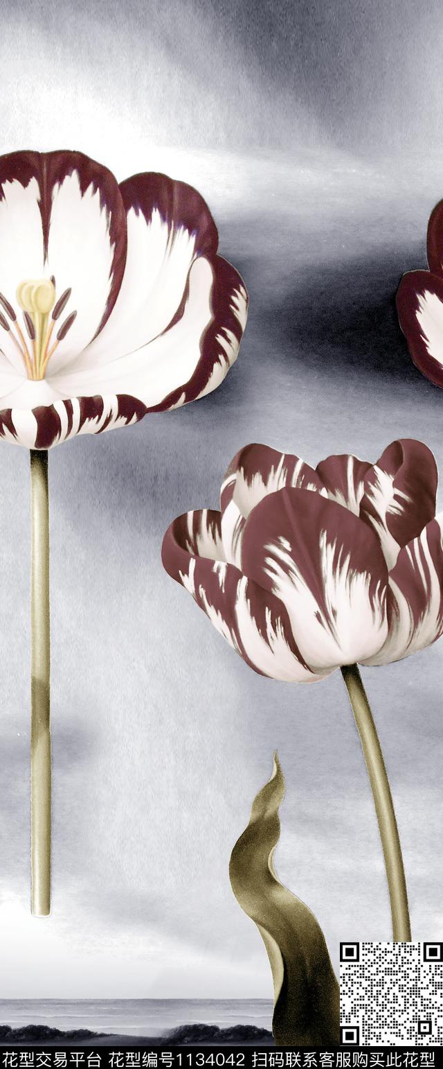 郁金香大花定位花数码印花华亿平台下载（图片编号: 1134042） - 瓦栏（Walan）