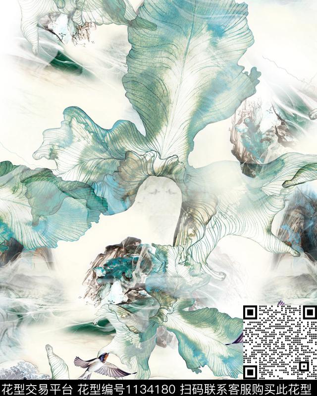 抽象清爽底花卉水墨风数码印花华亿平台下载（图片编号: 1134180） - 瓦栏（Walan）