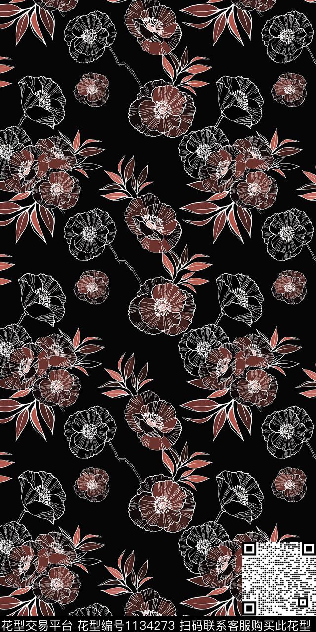 大牌风黑底花卉数码华亿平台数码印花华亿平台下载（图片编号: 1134273） - 瓦栏（Walan）