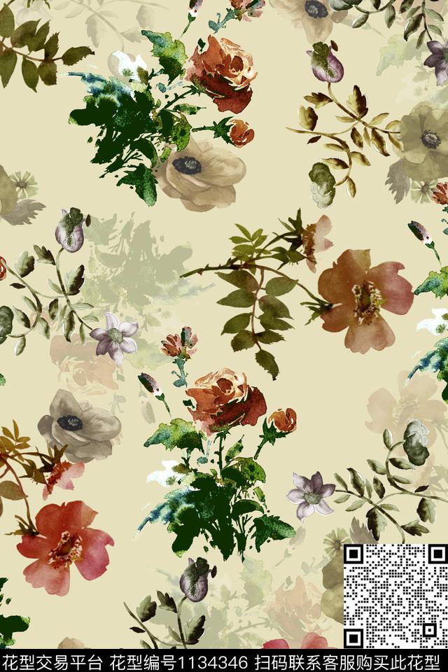 清爽底花卉手绘玫瑰花卉数码印花华亿平台下载（图片编号: 1134346） - 瓦栏（Walan）