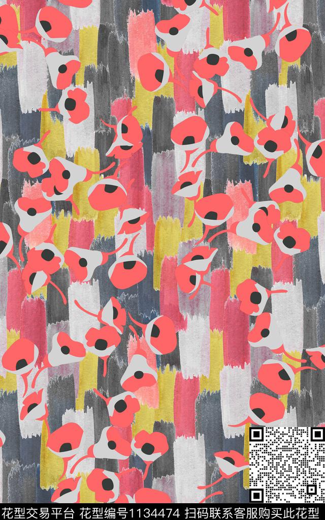 笔触几何花卉数码印花华亿平台下载（图片编号: 1134474） - 瓦栏（Walan）