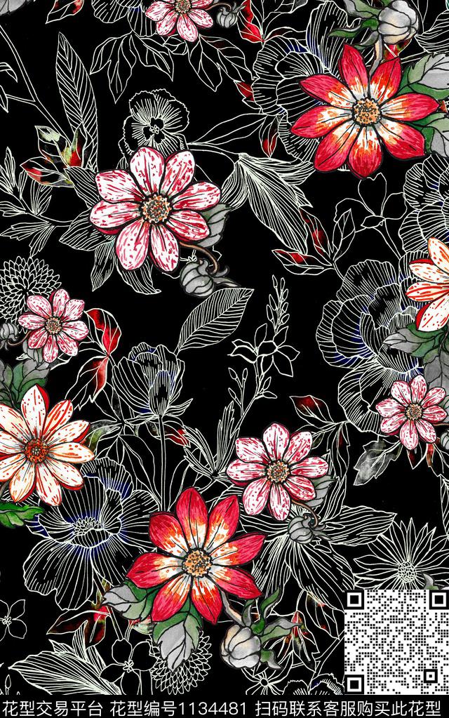 线条数码华亿平台花卉数码印花华亿平台下载（图片编号: 1134481） - 瓦栏（Walan）