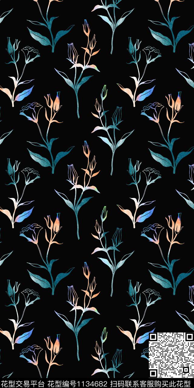 黑底花卉大牌风数码华亿平台数码印花华亿平台下载（图片编号: 1134682） - 瓦栏（Walan）
