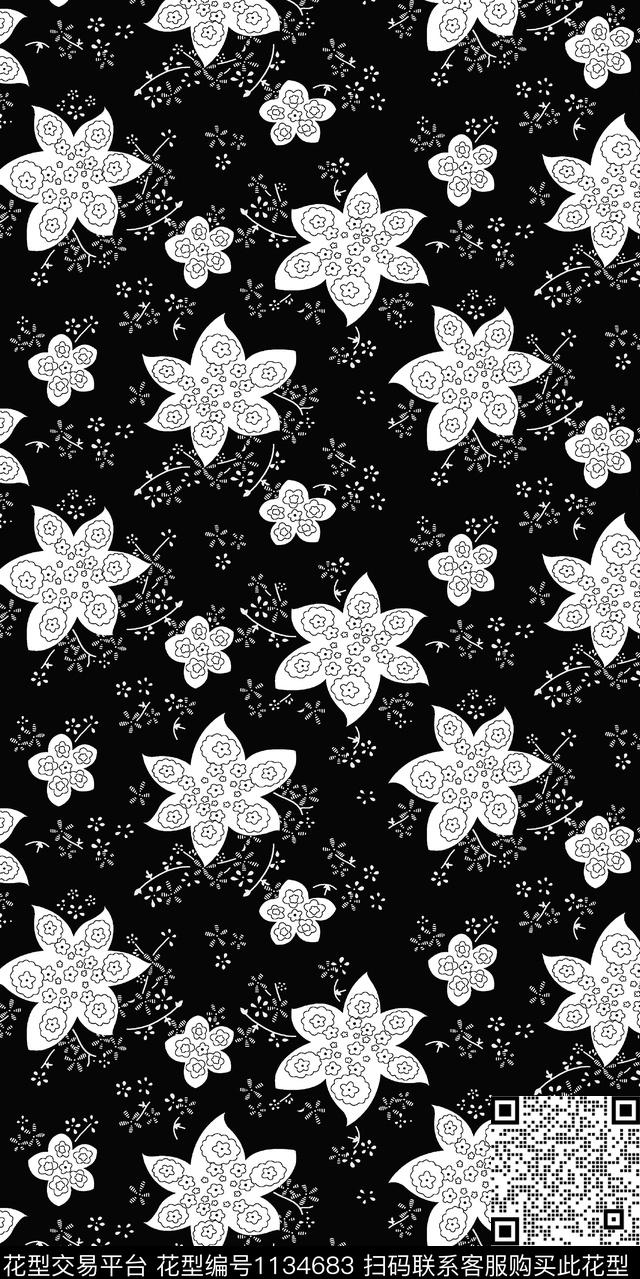 黑底花卉大牌风数码华亿平台数码印花华亿平台下载（图片编号: 1134683） - 瓦栏（Walan）
