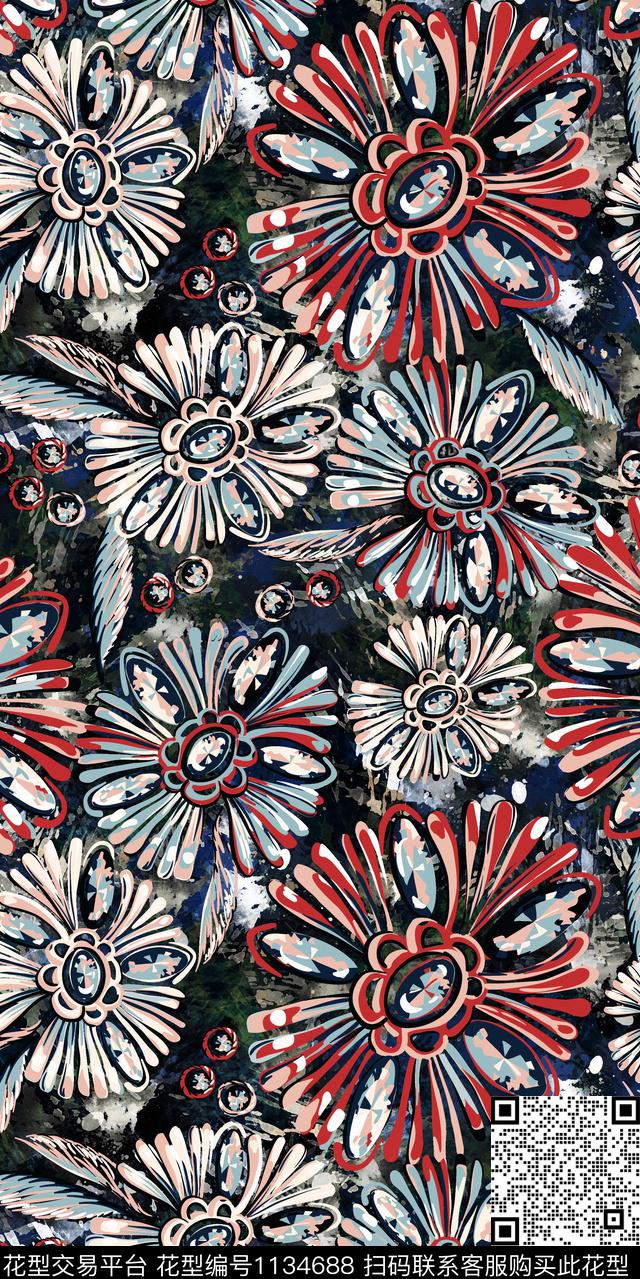黑底花卉大牌风数码华亿平台数码印花华亿平台下载（图片编号: 1134688） - 瓦栏（Walan）