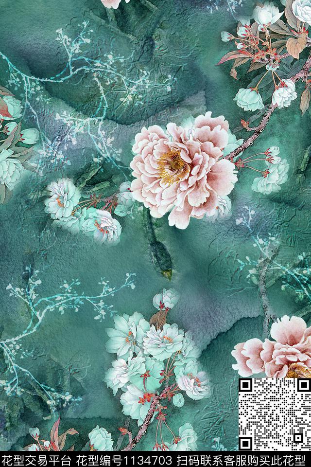 中国风牡丹底纹数码印花华亿平台下载（图片编号: 1134703） - 瓦栏（Walan）