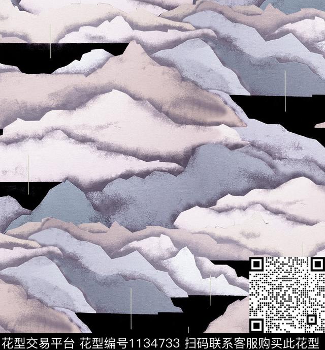 牡丹水墨风国画数码印花华亿平台下载（图片编号: 1134733） - 瓦栏（Walan）