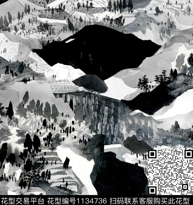 牡丹水墨风国画数码印花华亿平台下载（图片编号: 1134736） - 瓦栏（Walan）