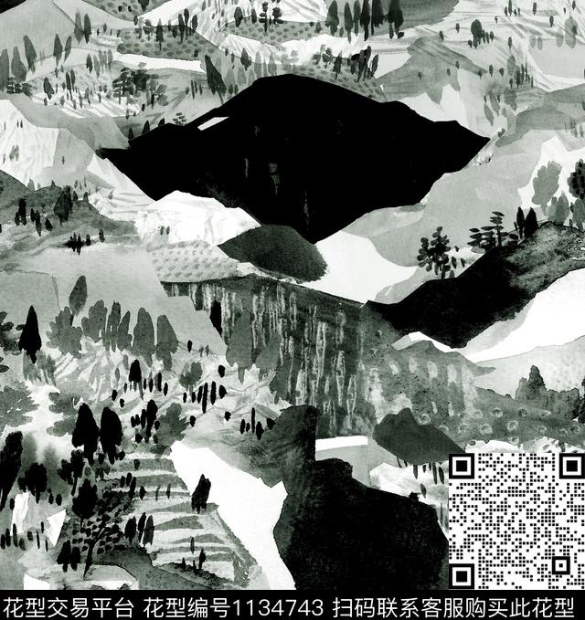 牡丹水墨风国画数码印花华亿平台下载（图片编号: 1134743） - 瓦栏（Walan）