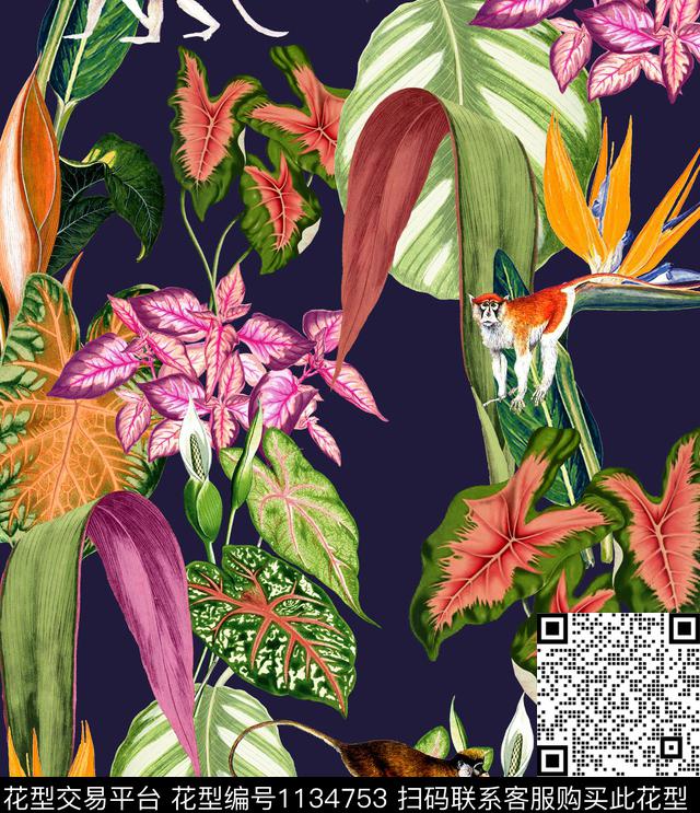 大牌风热带华亿平台绿植树叶数码印花华亿平台下载（图片编号: 1134753） - 瓦栏（Walan）